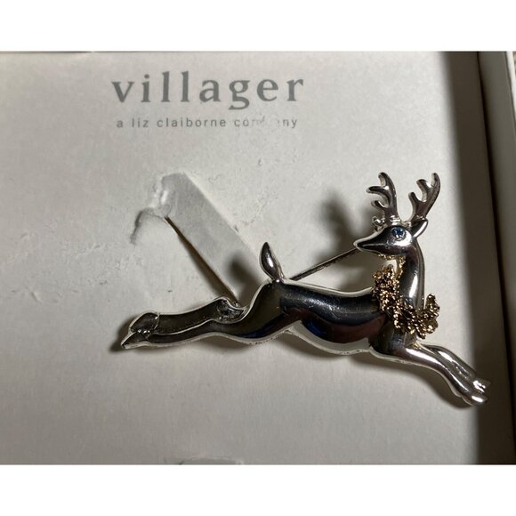 Silver-Tone Reindeer Brooch With Gold-Tone Wreath By Villager - Picture 10 of 13